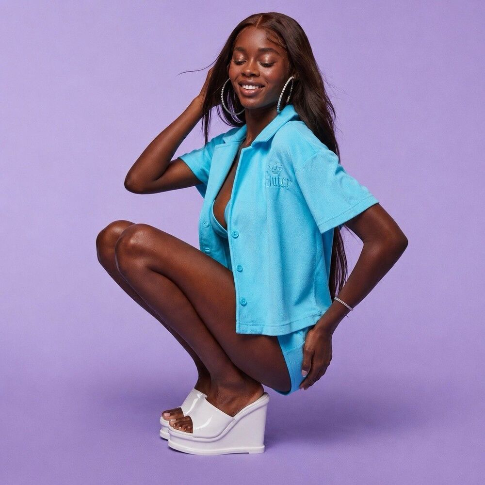 New Juicy Couture x Forever 21 Blue Terry Cloth Crop Top Y2K Pool Cover Up L